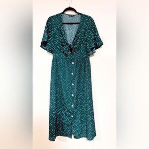 Green Polka Dot Tie-Front Midi Dress | Flutter Sleeve | Button Front